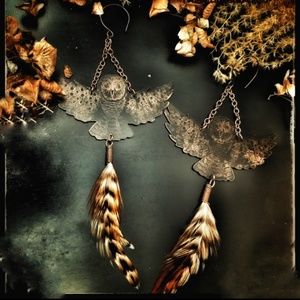 Owl earrings with feathers. Sustainably hand-made